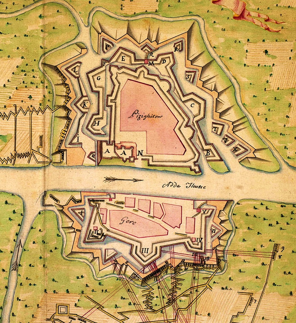 Anonimo (XVII-XVIII secolo), “Plan de Pizighiton avec ses attaques 1734”, 1734, matita, inchiostro e acquerello su carta (particolare). Windsor (Berkshire, Inghilterra – Regno Unito), Royal Collection Trust