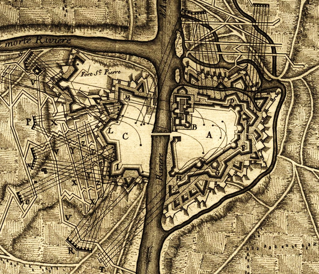 Durand (fine XVII/inizio XVIII secolo-post 1762/1763), “Plan de Picighitone Assiégée par les Armées de leurs Maiestés le Roi de France et de Sardaigne en 1733”, 1734 c.a, incisione (particolare). Stampata a Parigi (Île-de-France – Francia) da Jean de Beaurain (1696-1771). Lisbona (Portogallo), Biblioteca Nazionale del Portogallo