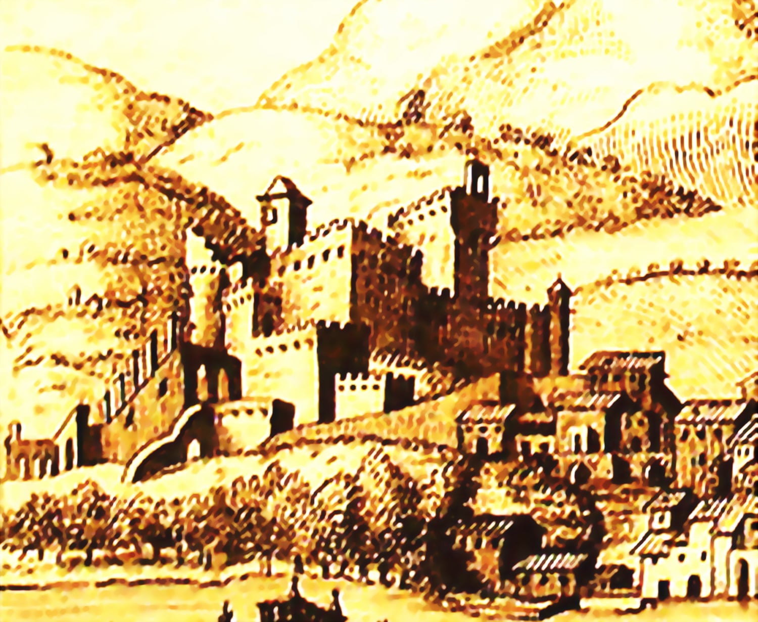 Francesco Allegrini (1729-1785), “Veduta di Pontremoli nella Lunigiana copiata da una Originale, che esisteva nell’Atlante del Signor Barone Filippo Stosch di Prussia”, 1777 c.a, incisione in rame all’acquaforte (particolare raffigurante il Castello del Piagnaro). Tratto da: Giovanni Targioni Tozzetti (1712-1783), “Relazione d’alcuni viaggi fatti in diverse Parti della Toscana per osservare le Produzioni Naturali, e gli Antichi Monumenti di essa”, Gaetano Cambiagi, Firenze 1777, t. XI. Rielaborazione di Davide Tansini (febbraio 2022)