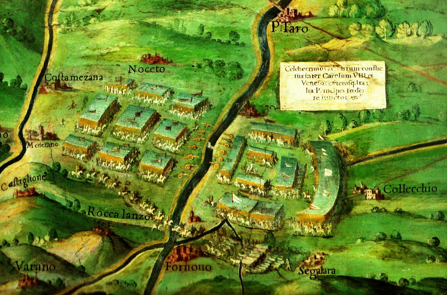Girolamo Muziano (1532-1592)-Cesare Nebbia (1536-1614), “Battaglia di Fornovo di Taro” (“Celeberrimus ad Tarrum conflictus inter Carolum VIII, et Venetos caeterosque Italiae Principes foedere iunctos”), parte del “Placentiae et Parmae Ducatus”, 1580-1585, affresco. Città del Vaticano (Stato della Città del Vaticano), Musei Vaticani: Galleria delle Carte Geografiche