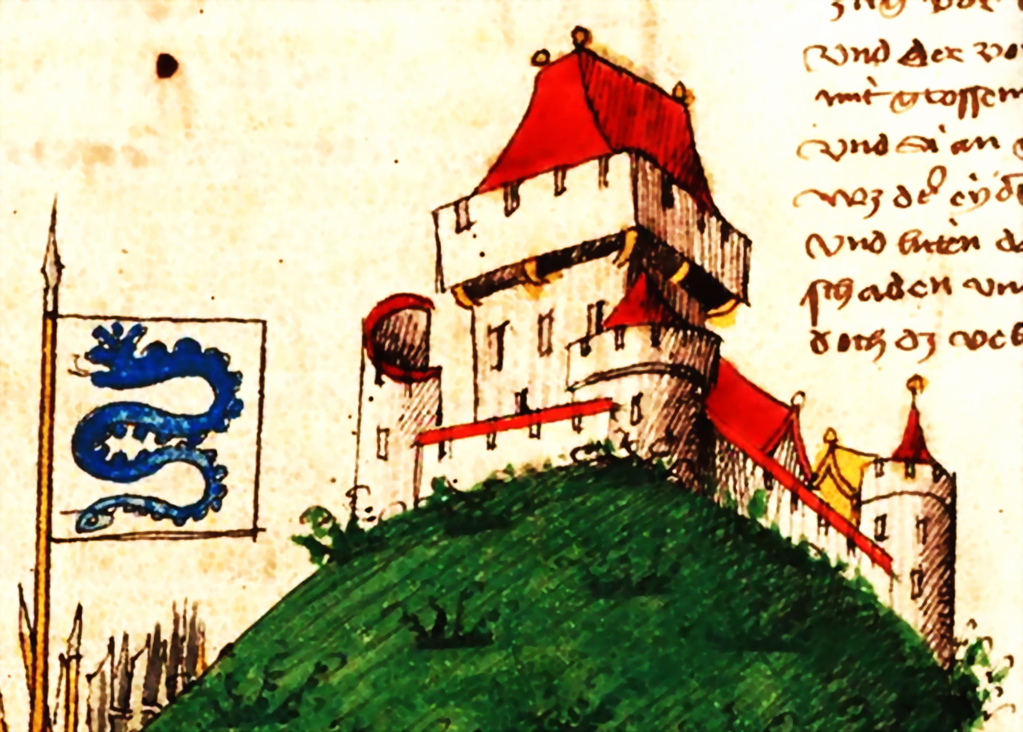 Heinrich Dittlinger (1440 c.a-1478/1479), “Die Eidgenossen vor Bellinzona und seinen Burgen”, 1470 c.a, miniatura (particolare raffigurante il Castello di Montebello a Bellinzona). Tratto da: Heinrich Dittlinger-Benedikt Tschachtlan (1420 c.a-1493), “Die Berner Chronik” [“Tschachtlan Berner Chronik”], 1470 c.a, Zurigo (Svizzera), Zentralbibliothek Zürich, ms. A 120, f. 570. Rielaborazione di Davide Tansini (febbraio 2022)