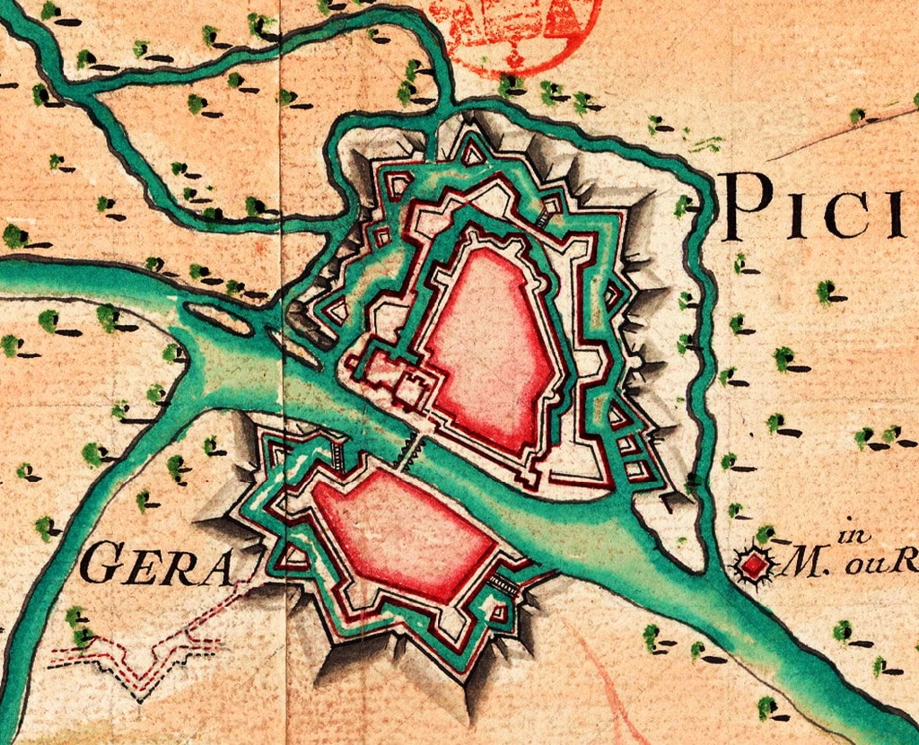 Honoré Cordier de La Houssaye (1709-1752), “Carte du Campement des Troupes du Roy à Piciguiton. La Tranchée ouverte la Nuit du 17 au 18 9bre 1733”, 1733, acquerello e inchiostro su carta (particolare). Parigi (Île-de-France, Francia), Biblioteca Nazionale di Francia