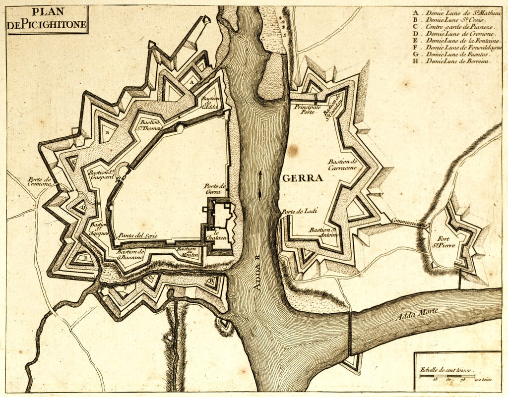 Nicolas de Fer (1646-1720), “Plan de Picighitone”, 1692, incisione. Tratto da: Nicolas de Fer, “Les forces de l’Europe, ou Description des principales villes, avec leurs fortifications : Dessinées par les meilleurs ingenieurs ; particulierement celles qui sont sous la domination de la France”, Nicola de Fer, Parigi 1690-1695