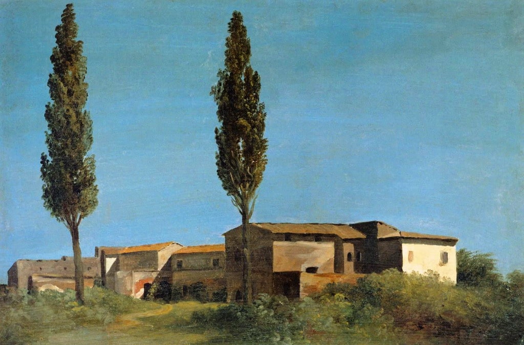 Pierre-Henri de Valenciennes, “Case e pioppi a Villa Farnese” [“À la Villa Farnèse : les deux peupliers”], 1780, olio su carta su cartoncino, 25x38. Parigi (Île-de-France – Francia), Musée du Louvre