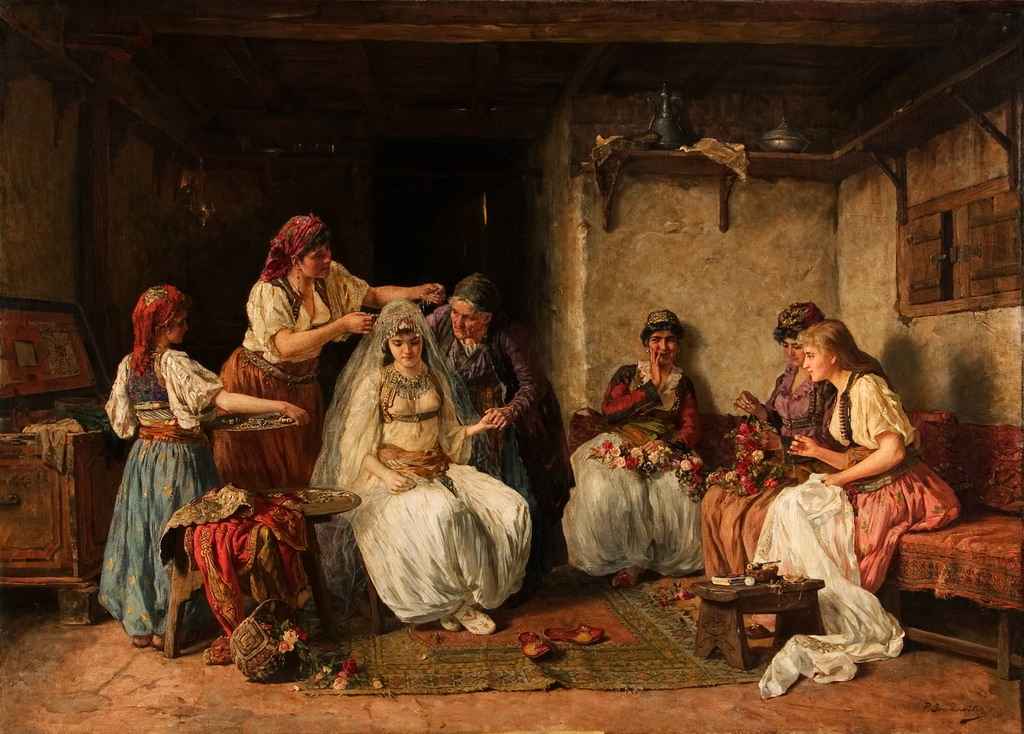 Pavle Jovanović detto Paja (Павле Паја Јовановић, 1859-1957), “La decorazione della sposa” [„Kićenje neveste“/„Кићење невесте“], 1885-1886, olio su tela, 96x136 cm. Belgrado (Serbia), Museo nazionale di Serbia, Collezione di pittura serba del XVIII e XIX secolo