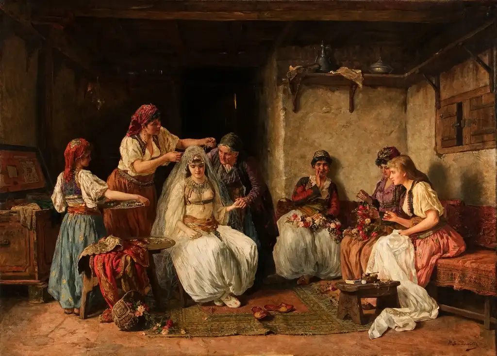 Pavle Jovanović detto Paja (Павле Паја Јовановић, 1859-1957), “La decorazione della sposa” [„Kićenje neveste“/„Кићење невесте“], 1885-1886, olio su tela, 96x136 cm. Belgrado (Serbia), Museo nazionale di Serbia, Collezione di pittura serba del XVIII e XIX secolo
