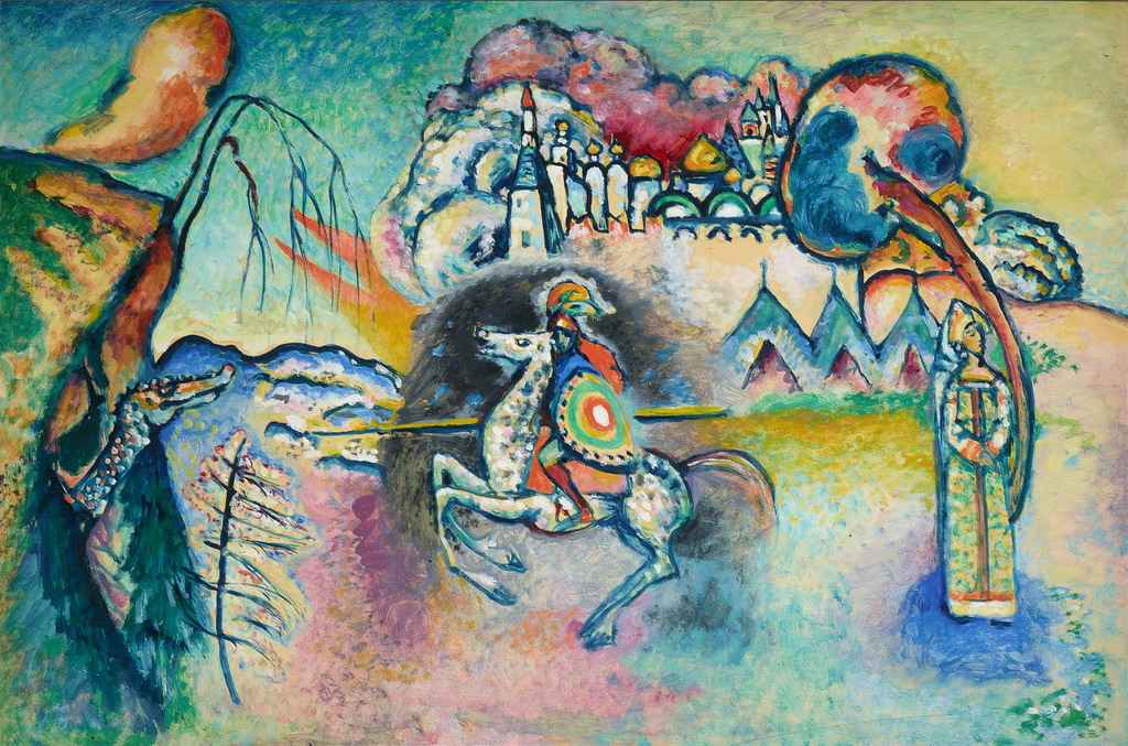 Vasilij Vasil’evič Kandinskij (Василий Васильевич Кандинский, 1866-1944), “San Giorgio e il drago” [« Saint Georges et le dragon »/«Георгий и дракон»], 1917, olio su cartone, 64x91 cm. Mosca (Russia), Galleria Tret’âkov