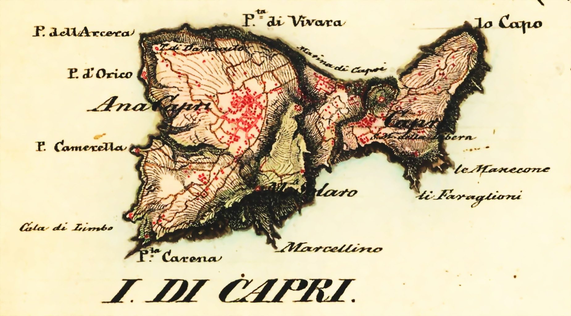 Anonimo (XVIII-XIX secolo), “Neapel und Sizilien”, 1821-1826, acquerello e china su carta (particolare rielaborato raffigurante l’Isola di Capri). Vienna (Austria), Österreichisches Staatsarchiv