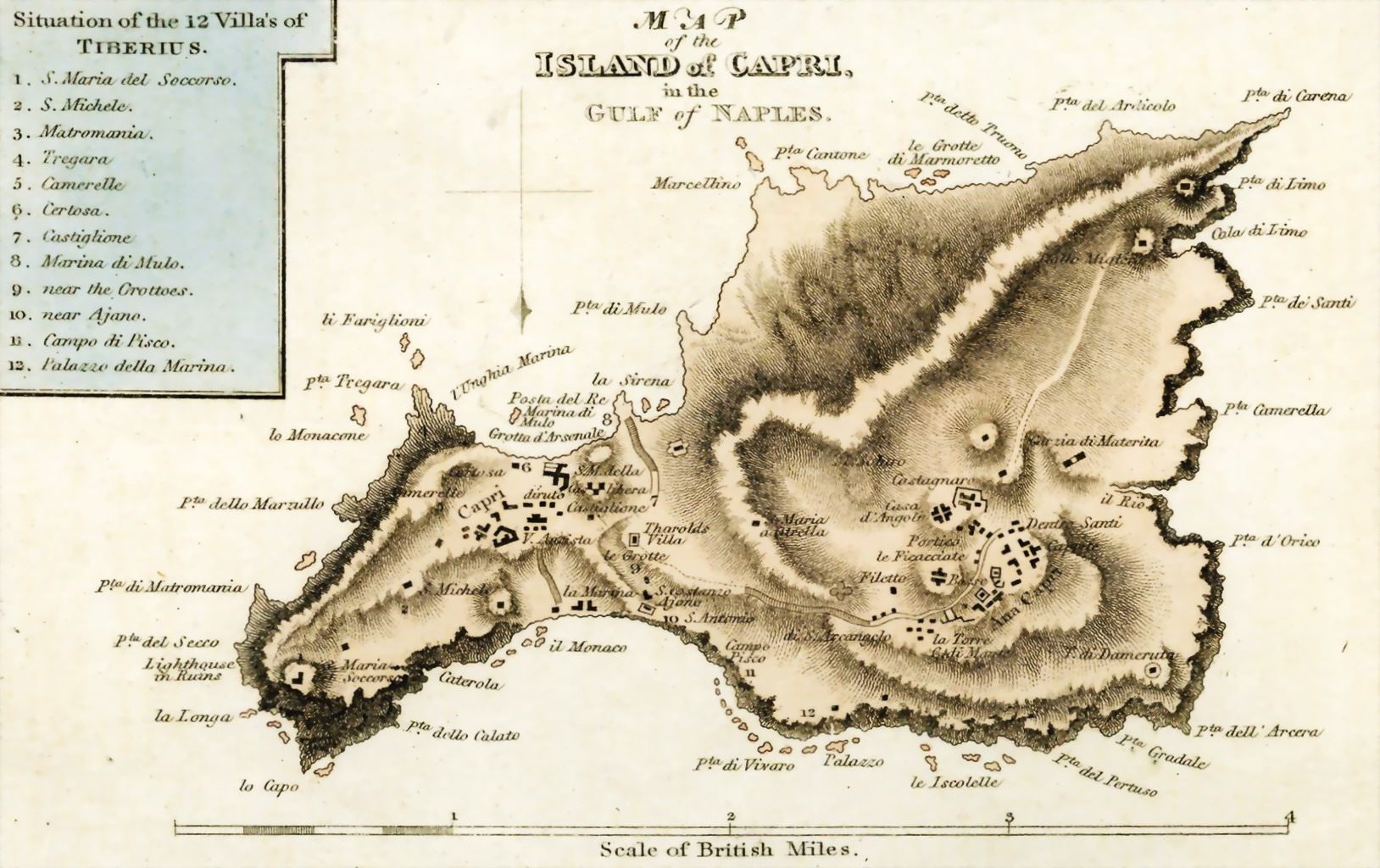 Edward Gullan (XVIII-XIX secolo), “Map of the Island of Capri in the Gulf on Naples”, fine del primo decennio del XIX secolo, incisione (particolare rielaborato). Tratto da: «The Repository of Arts, Literature, Commerce, Manufactures, Fashions, and Politics» (noto come «Rudolph Ackermann’s Repository of Arts», pubblicato a Londra), s. I, vol. IV, 1810, tav. 20. Chicago (Cook, Illinois – USA), collezione privata